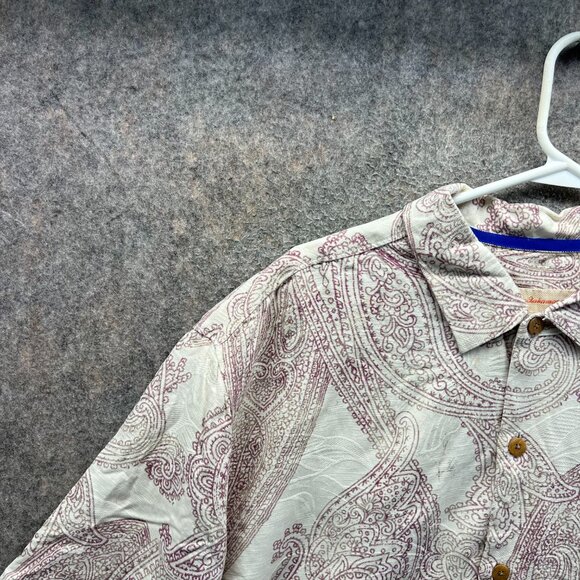 Tommy Bahama Shirt Mens XL Beige Purple Button Down Silk Camp Paisley Hawaiian - Picture 10 of 11